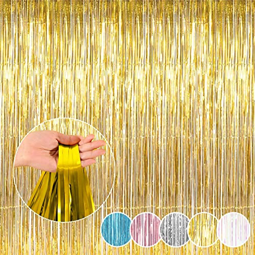 Metallic Tinsel Foil Fringe Curtains, Photo Booth Backdrop Hanging Door Streamers for Birthday Party Decorations,3.2Ft x 6.56Ft (Glod)