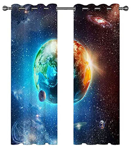 PVMLVM Gardinen Vorhang Blickdicht Schlafzimmer Verdunklungsvorhänge 3D Digitaldruck Weltraum-Planet-Landschaft Schallschutz Ösen Vorhang Für Wohnzimmer Kinderzimmer Küche Fenster 140x160cm(Bxh)