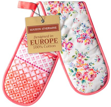 Maison d' Hermine Double Oven Mitts 100% Double Cotton Oven Glove 18 x 89cm | Heat Resistant BBQ Cooking Gloves with Loop Baking Grilling Kitchen Hotel Home Farmhouse Spring Summer - Rose Garden