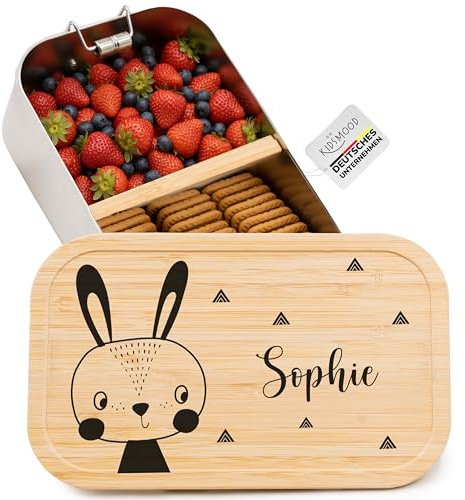 Kidsmood - Brotdose personalisiert mit Namen – Edelstahl Lunchbox mit Fächern für Kindergarten, Schule & Büro mit liebevollem Hase – Geschenk zur Einschulung für Kinder & Mädchen (750ml)
