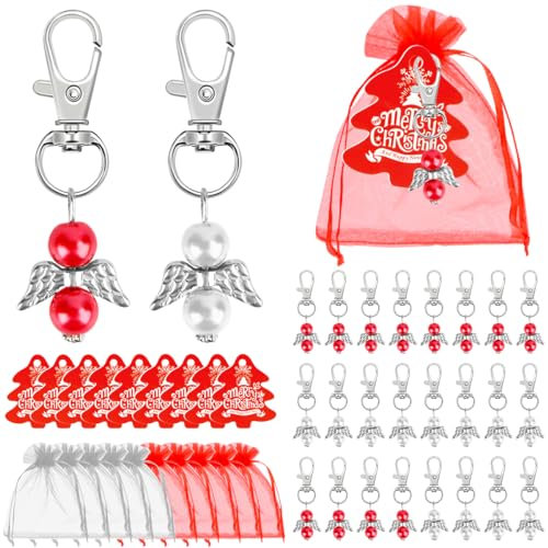 Encuryna 72 Stück Schutzengel Gastgeschenke, Engel Anhänger + Organzabeutel + Kraftpapier Geschenkanhänger, Schutzengel Anhänger für Hochzeit Gastgeschenke Taufe Kommunion Weihnachten (Rot + Weiß)