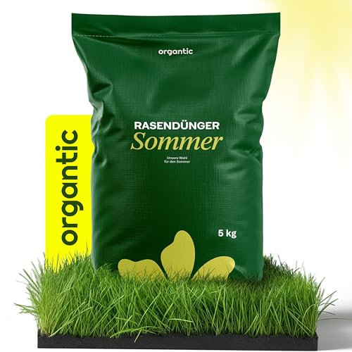 Organtic Sommerrasendünger 5kg, Hochwirksamer Dünger für sattgrünen Rasen, ideal bei Sommerstress, bekämpft Moos, niedriger Staubgehalt, geeignet für Streuwagen