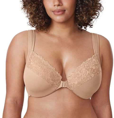 DELIMIRA Kvinnors BH med främre stängning Wired Lace BH Stora bröst Mjuka Full koppar Ofoder Warm Beige 95C