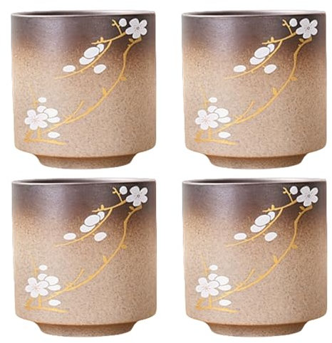 NIUKOMY Juego de 4 Tazas de Té Japonés, Tazas de Espresso de Cerámica, Taza de Té Chino Kung Fu, Taza de Café Sin Asa de Porcelana con Motivo de Ciruela 80ML