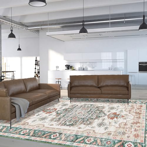 Vamcheer Vintage Teppich Wohnzimmer Waschbar Grün 300x400 cm | Kurzflor, rutschfeste Rückseite, flache Struktur, orientalisches Design, für Esszimmer und Schlafzimmer