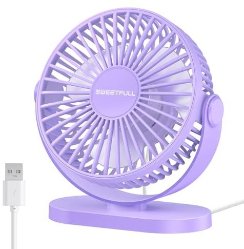 WASAGA USB-Tischventilator Klein Leise 3 Geschwindigkeiten Mini Persönlicher Tragbarer Ventilator 360° Drehbar Einstellbar, 5 Zoll Bürotisch Kühlgeräte auf dem Desktop (Lila)