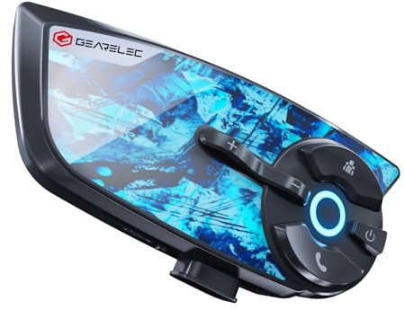 gearelec Helmet Bluetooth Headset V5.2 BT &【Cool Graffiti Panel】,4 Riders 1500M Helmet Communication System with Music Sharing, Motorcycle Bluetooth Headset-HiFi Sound & Noise Reduction,IP65 Blue