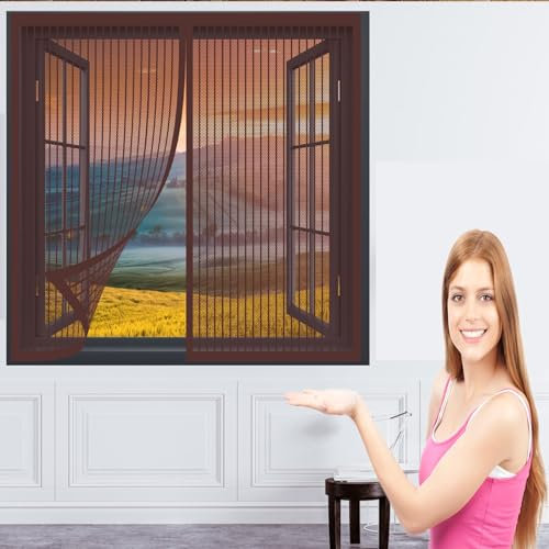 Fliegengitter Fenster Mückengitter 158 x 200 cm Insektenschutzgitter Kein Bohren Kinderleichte Montage Magnetvorhang für Balkontür Terrassentür, Braun
