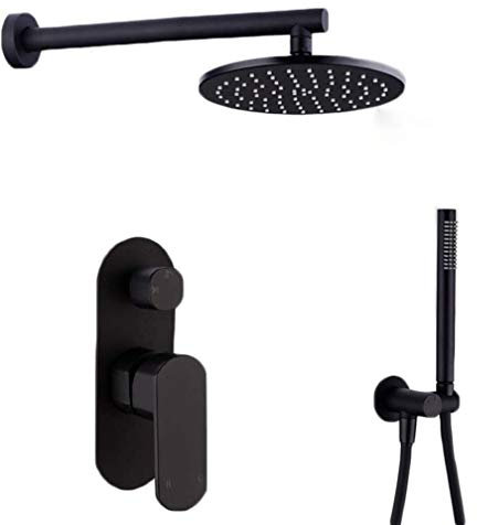 Klassische Dusche, wandmontiertes schwarzes Messing-Duschset mit rundem 20,3–30,5 cm großem Regenduschkopf, Duschhahn, Duscharm, Mischbatterie, Umsteller und Handbrause, luxuriöses Duschset (30,5 cm)