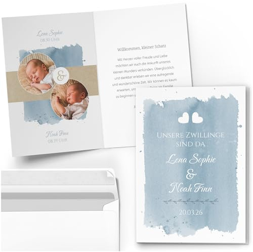 Einladungskarten Manufaktur Hamburg 10 Geburtskarten mit Foto personalisiert Aquarell Zwillinge blau Mädchen Jungen Babykarten Geburt individuell Dankeskarten mit Umschlägen