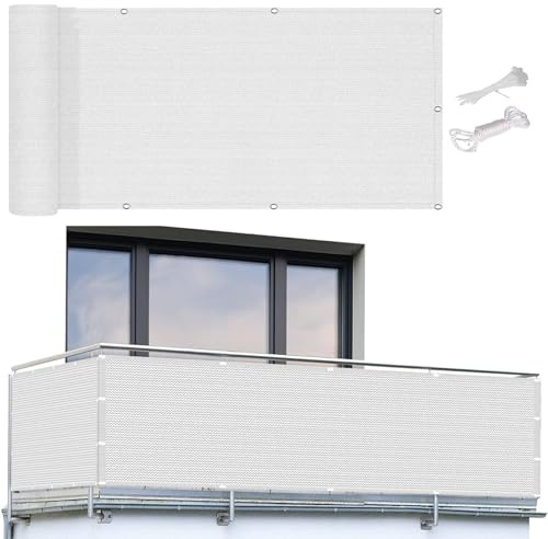Balkon Sichtschutz Balkonabdeckung 65 x 280 cm Windschutz Sonnenschutz Und Wetterfest Balkonumspannung Balkonverkleidung mit Kabelbinder Ohne Bohren für Gartenanlagen, Camping, Weiß