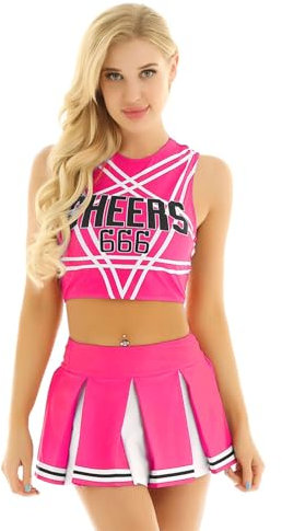 CHICTRY Cheer Leader Kostüm Damen Sexy Crossover Tanz Top Bauchfrei Oberteil Mit CHEERS 666 Print High Waist Faltenrock A Linien Tanzrock Cosplay Outfit Hot Pink XL