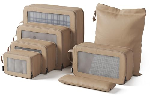 ONYX 7-teiliges Packing Cubes Compression Set inkl. Schuhbeutel bzw. Wäschesack – Packwürfel Kompression für bis zu 50% Platzersparnis, Koffer Organizer Set aus 900D Polyester, Beige