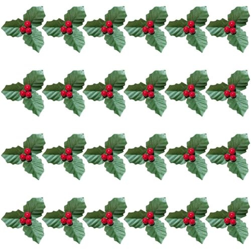 Vobumix Bacche di Frutta Artificiale Piccole 24 Pezzi Bacche di Agrifoglio Artificiale con Foglie Verdi Ornamenti di Ghirlande Natalizie per Festa di Nozze di Natale