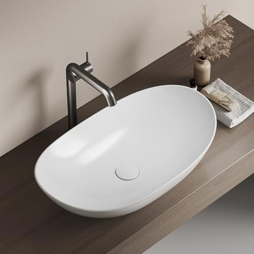 EMKE Lavabo da Appoggio Ovale 61,5 x 36 x 15,5 cm,Bianco Lucido | Ceramica per Bagno e WC Ospiti, Mini Compatto