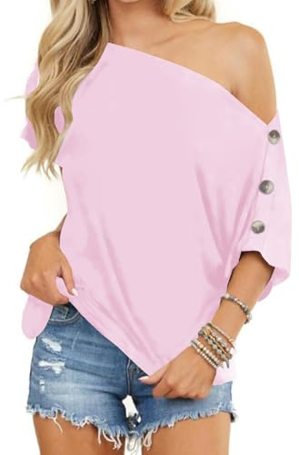 Eniloyal Schulterfreies Oberteil Damen Off Shoulder Sommer Elegant Tshirt Carmen Oversize Shirt Tops Sexy Fledermausärmel T-Shirt T Shirt Lässige Locker Rosa