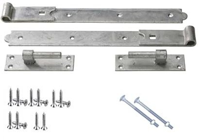 Epsom Door Handle 16 Hook and Band Hinges Cranked or Straight Black Japanned or Galvanised Heavy Duty with 12mm Pin Outdoor Hinges for Gates Barns Sheds Fixings Included (galvanised Finish Straight)