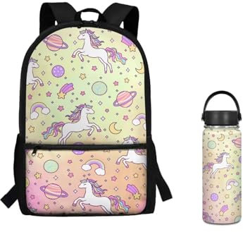 ZUXONGSY Rainbow Horse Girls Backpack 5-6 Year Old 17 Inch School Backpack for Back to School 100 Day Insulated Water Bottle Kids Stainless Steel Pink Kids Water Bottle for Girl Bookbag Sets