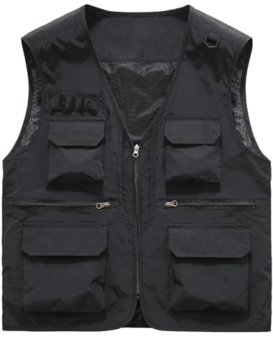 Vhersily Chaleco de trabajo impermeable multibolsillos con diseño profesional para pesca, senderismo y fotografía con bolsillos de verano chaleco pescador caza exterior ligero resistente, Negro , XS