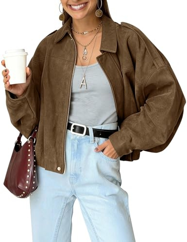 Kissonic Women's Oversized Jackets Faux Suede Bomber Jacket Lapel Pilot Cropped Casual Coat for Streetwear Outerwear(Brown-S)