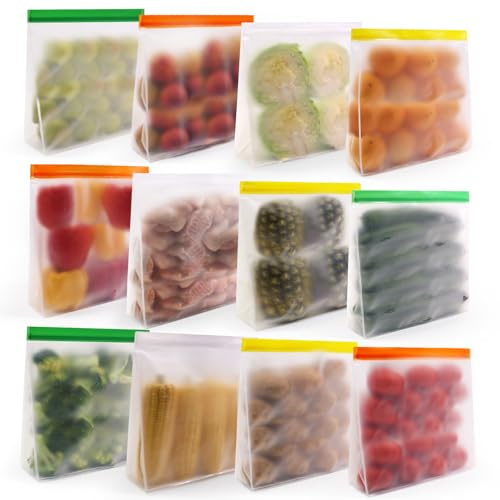 SumDirect Stand-Up Reusable Freezer Bags - PEVA Resealable Food Ice Ball Storage Bags, BPA-Free, Dishwasher & Freezer Safe,Leak-Resistant, Secure Seal for Meal Prep, Snacks, Ice Cubes, 4 Pcs (12, XL)