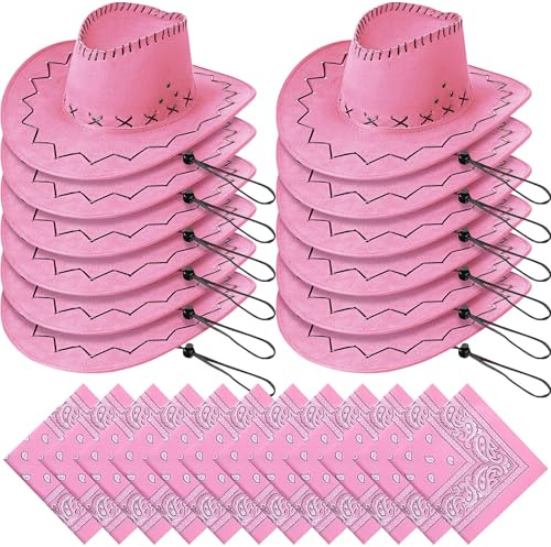YFNVH 24 Stück Rosa Cowboyhut Set für Damen, 12 Pinke Westernhüte mit Kordel & 12 Paisley Halstücher, Western Party Zubehör für JGA, Karneval, Fasching, Mottoparty und Gruppenfotos