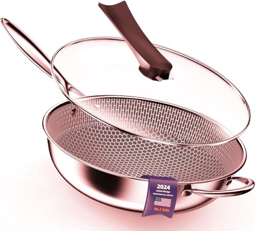 Kiseely Padella Wok, Wok ibrido per friggere da 34cm con coperchio, Wok antiaderente con manico Stay-Cool, compatibile con tutti i piani cottura compresi quelli a induzione (AK1)