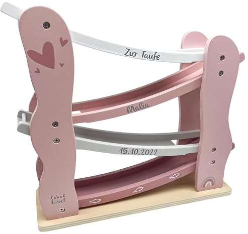 Personalisierbare Holz-Autobahn 30×30 cm (Rosa) – zur Taufe – Rollbahn & Kugelspaß – für Kinder ab 18 Monaten – personalisiert mit Namen & Taufdatum – Label Label