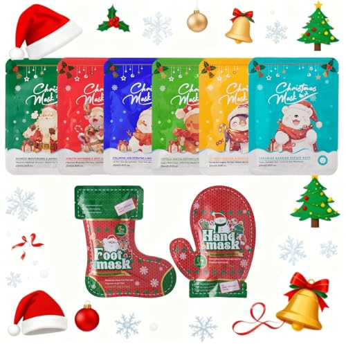 8 Stück Weihnachts Gesichtsmasken Set-Gesichtsmaske, Handmaske& Fußmaske für Frauen-Weihnachtsgeschenke für Frauen, Mädchen & Kollegen als kleine Geschenke-Für Alle Haut