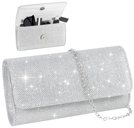 JSMTKJ Kettentasche, Clutch Damen, Glitzer Abendtasche, Elegante Envelope | Tasche Kettentasche Schultertaschen Clutch Silber Glitzer für Hochzeit Party Freizeit Date