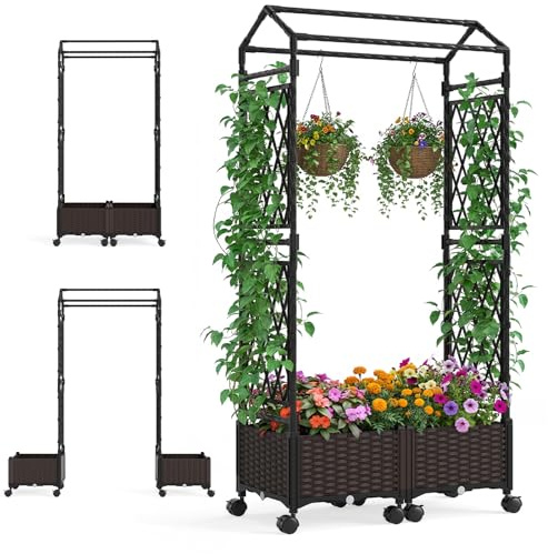 RELAX4LIFE Macetero Elevado con Enrejados, 2 Cajas de Cultivo y Ruedas con Freno, Jardinera para Exterior con Sistema de Auto-riego, Orificios de Drenaje para Hortalizas y Flores (Marrón)