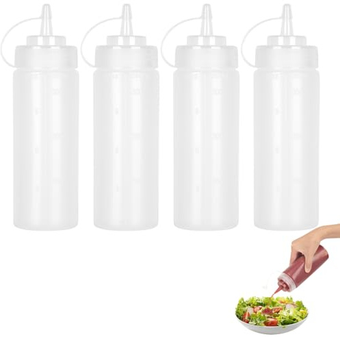 JASTOO 4 Stück Quetschflasche- 500ml 16oz Auslaufsicher Durable Condiment Kunststoff Squeeze Squirt Bottle mit diskreten Messungen Würzpressflaschen für Ketchup BBQ Saucenspender,Ohne BPA