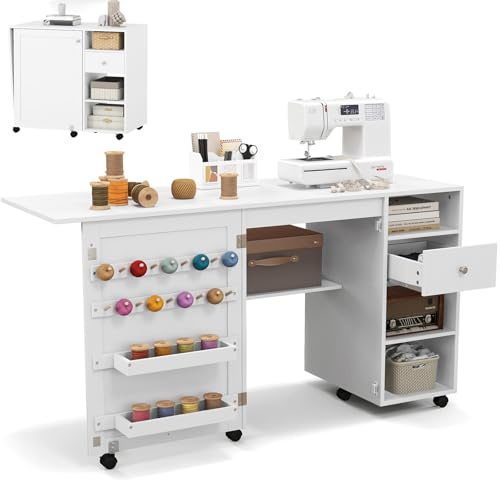 RELAX4LIFE Table de Couture Pliante - 18 Crochets, 2 Plateaux, 3 Compartiments, Tiroir, 4 roulettes Verrouillables, Table de Machine à Coudre en Bois, Meuble Couture Gain de Place pour Aiguilles Fils