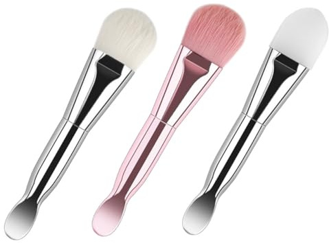 Uonlytech Ensemble 3 Pcs Pinceaux Masque Visage Double Tête Spatule en Silicone et Poils Doux, Manche Argenté et Rose Doré, Applicateurs Soins du Visage pour Masque à L’argile, Crème