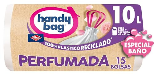 Handy Bag Bolsas de basura Perfumadas Especial Baño - Bolsas resistentes y antigoteo para cuarto de baño, diseñadas especialmente para cubo de basura pequeño, 100% plástico reciclado, 10L, 15 unidades