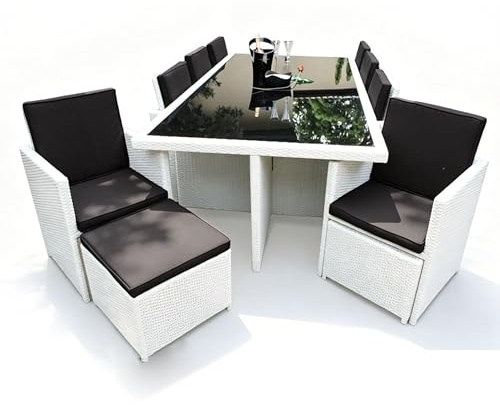 Ragnarök-Möbeldesign PolyRattan Essgruppe DEUTSCHE Marke - EIGENE Produktion Tisch + 8X Stuhl 4X Hocker 7 Jahre GARANTIE Garten Möbel incl. Glas und Sitzkissen (weiß) Gartenmöbel