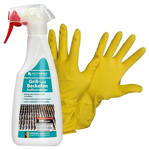 HOTREGA Grill und Backofen Radikalreiniger 2x 500ml | Chlor- & lösemittelfrei | Für Edelstahl Glas Keramik | Entfernt Eingebranntes | inkl. Handschuhe