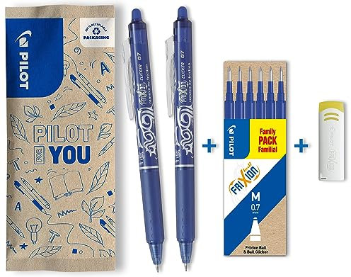 PILOT FriXion Clicker 0.7 – 2 Stifte/6 Minen/1 Radierer – Farbe Blau – Radierbarer, nachfüllbarer Gel-Tintenroller mit Druckmechanik und thermosensitiver Tinte, mittlere Spitze