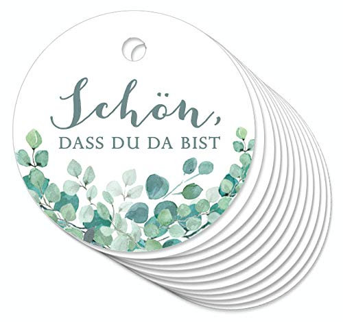 12 Anhänger Schön, dass du da bist mit Eukalyptus in Grün Hängeetiketten Geschenkanhänger Glas Papieranhänger Hangtag Etiketten Gastgeschenke Hochzeit Marmelade Selbstgemachtes 4cm rund matt