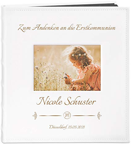 Maverton Fotoalbum zum Selbstgestalten mit Aufdruck - für 240 Fotos 10x15-60 schwarze Seiten - Größe 33x30cm - Weiß - personalisierte Geschenke für Kinder zur Taufe Kommunion - Geburtstagsgeschenk