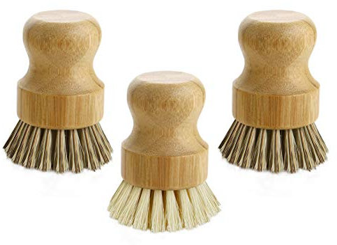 Bivisen Palmen-Topfbürste, Bambus, runde Mini-Geschirrbürste, Reinigungsbürste für Gusseisen, Pfanne, Gemüse, Küche, Haushalt, Reinigung, 3 Stück