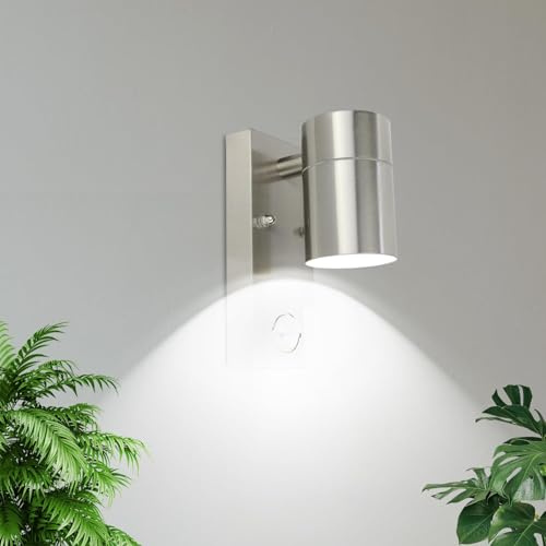 Allesgute LED Aussenleuchte mit Bewegungsmelder Modern Wandleuchte IP44 Wasserdicht Porch Außenlampe Edelstahl Gebürstet mit 1×5W GU10 6000k Kaltweiß Leuchtmittel