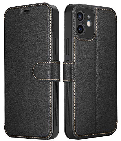 ELESNOW Hülle für iPhone 12, PU Leder Klappbar Wallet Handyhülle Schutzhülle Tasche mit Kartenfach, Standfunktion, Magnetisch für Apple iPhone 12 Hüllen (Schwarz)