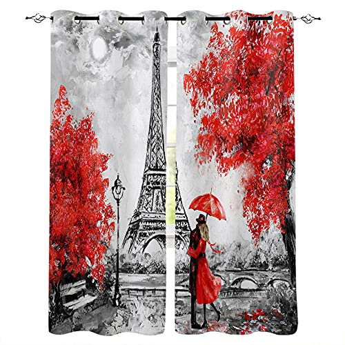 JRLTYU Verdunkelungsvorhänge Drucken Vorhang mit Ösen Weißes rotes schwarzes Blumenturmpaar 75x166cm x2 für Schlafzimmer&Wohnzimmer Geräuschreduzierung vorhänge 3D Druck