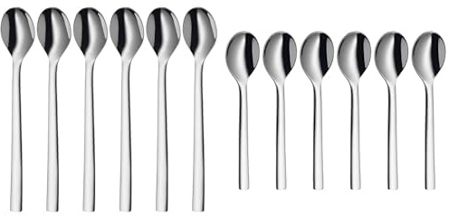 WMF Nuova Latte Macchiato Löffel Set 6-teilig, Lange Löffel 19 cm, Joghurtlöffel, Cromargan Edelstahl poliert & Nuova Espressolöffel Set, 6-teilig, L 11 cm, Cromargan Edelstahl poliert