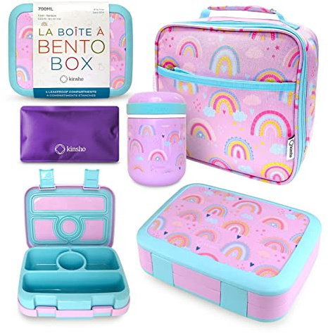 Bento Lunch Box with Thermal for Kids Set, Insulated Lunch Bag with Ice Pack, Stainless Steel Food Jar for Hot Soup, Boxes with 4 Compartments, Purple Rainbow
