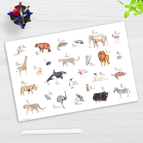 Schreibtischunterlage für Kinder – “Tier ABC“ – aus premium Vinyl (Kunststoff -BPA frei) – 60 x 40 cm – Made in Germany