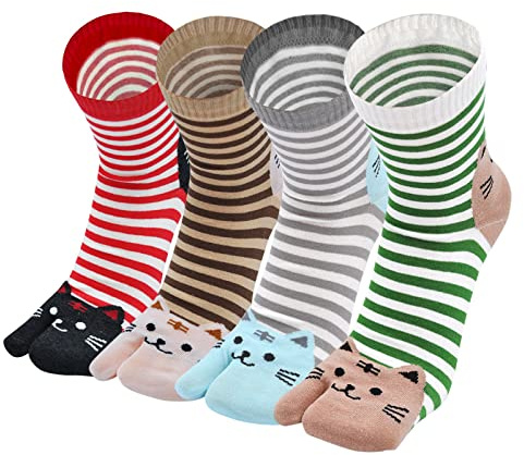 ZAKASA Tabi Socken Damen Zehensocken: Füßlinge Kurzsocken Sneaker Flip Flop Zehensocken Baumwolle Kurze Japanische Geta Socken Größe 35-41 Fette Katzen-4 Paare