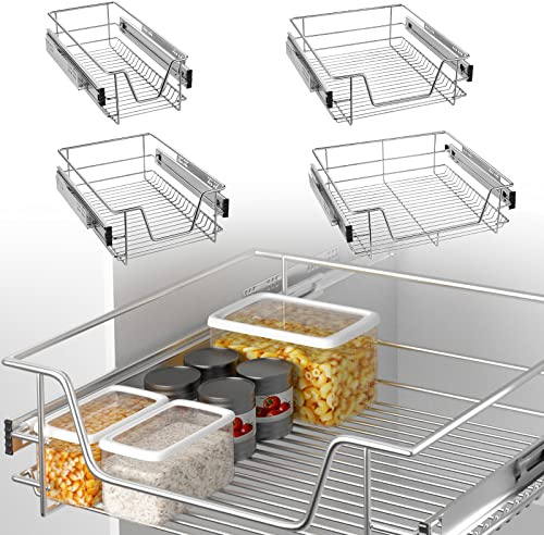 Froadp 4 Stück Teleskopschublade für Küchenschrank, Ausziehbarer Schrankauszug, Küchenschublade aus Metall, Vollauszug Korbauszug für 27 cm Innenbreite, Küchenregal- und Aufbewahrungsschublade