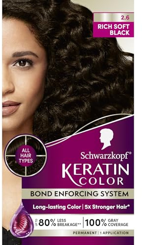 Schwarzkopf Keratin Permanent Hair Dye Cream, 2.6 Rich Soft Black, Professional Quality Color for Up to 100% Gray Coverage, Bond Enforcing System